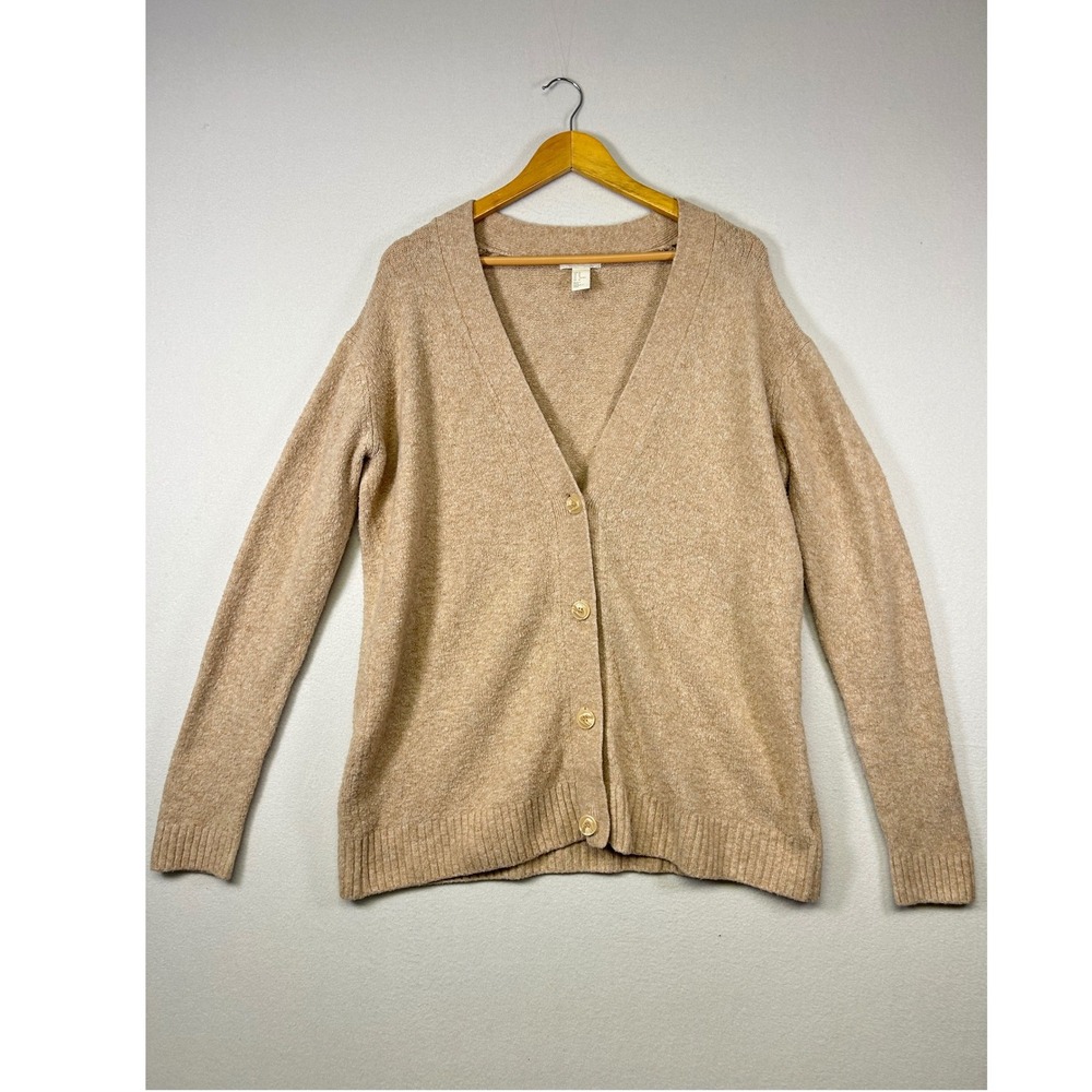 Minimalist H&M Women Medium Beige V-Neck Button Front Oversized Knit Cardigan